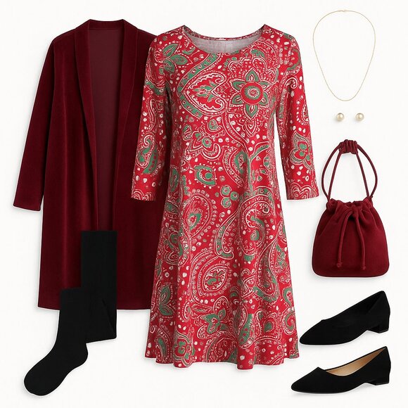 🌹 Camisa Red Paisley Tunic Dress (M) – Sophisticated Winter Pairings - Picture 4 of 12